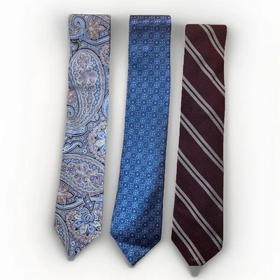 3- Corbatas de Seda Hart Schaffner Marx Cachemira Floral Medallón Rayas Azul Borgoña Foto 1 de 4