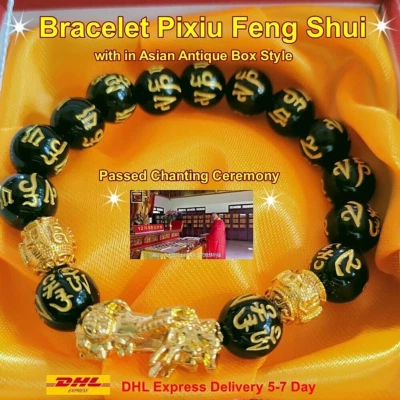 Bracelet Pixiu Amulet Feng Shui Obsidian OM Buddha Lucky Wealthy in Antique ฺBox - Изображение 1 из 4