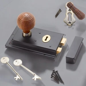 CLASSIC OLD ENGLISH RIM DOOR LOCK AND KNOB HANDLE SET- Beehive Rosewood Antique - Picture 1 of 8