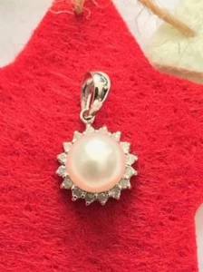 GENUINE WHITE PEARL & DIAMONDS PENDANT WHITE GOLD GIFT 14K JEWELLERY GIFT SET - Picture 1 of 3