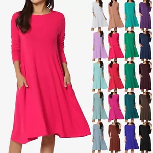 Camiseta Vestido TheMogan Para Mujer Mangas Largas Cuello Bolsillo Línea A Swing Midi - Imagen 1 de 128