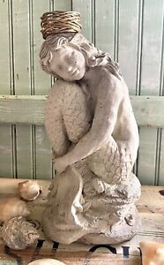 🚨Vtg Cement MERMAID SIREN Garden Statue ~ 11” Beautiful Woman  ~ CRYING!