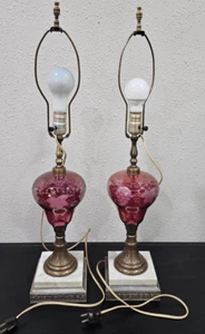 Pair of Cranberry Glass Etched Table Lamps Grapes Leaves Vines * Converted? * - Picture 1 of 20