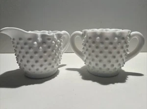 Vintage Fenton Hobnail Milk Glass Crimped Sugar Bowl and Creamer Set - Picture 1 of 6