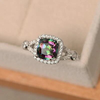 anel de topázio místico anel de topázio arco-íris anel de festa coquetel almofada pedra - Imagem 1 de 4