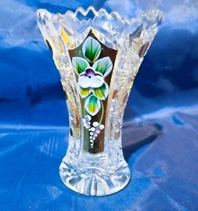 Czech bohemia crystal glass - Cut crystal vase 10 cm decorated gold and enamel - Picture 1 of 3