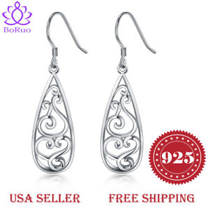 925 Sterling Silver Earrings, BoRuo Filigree Teardrop Earrings Free Shipping