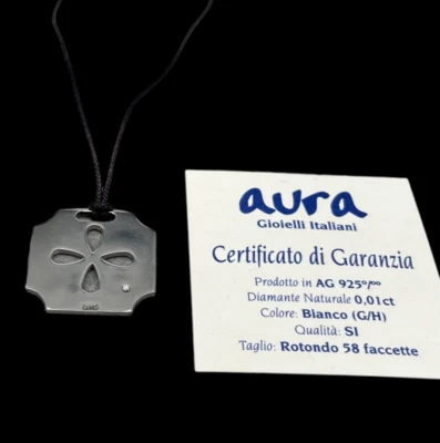 COLLANA DONNA ARGENTO 925 QUADRIFOGLIO PORTAFORTUNA MEDAGLIETTA DIAMANTE 0,01Kt. - Immagine 1 di 4