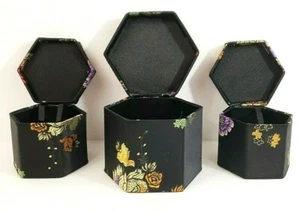 Asian Motif Black Satin Boxes Lined Boxes Gift Trinket Set Of 3 - Picture 1 of 5