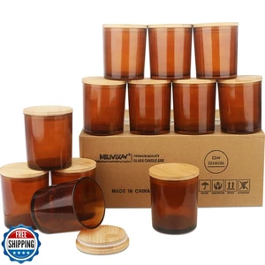 MILIVIXAY 12Pack 12 OZ Amber Thick Glass Candle Jars with Lids - Bulk Empty C - Picture 1 of 2
