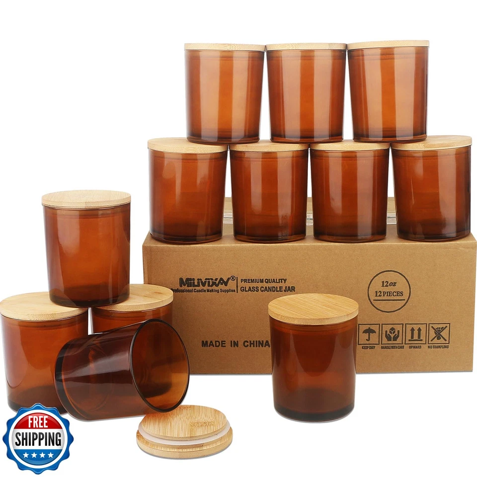 MILIVIXAY 12Pack 12 OZ Amber Thick Glass Candle Jars with Lids - Bulk Empty C - Image 1 of 2