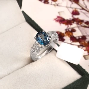 London Blue Topaz Halo Ring in 925 Sterling Silver Round Cut December Gift - Picture 1 of 13