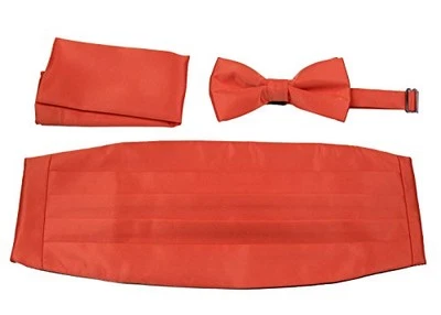 Mens Formal Woven Satin Cummerbund Pre-Tied Bowtie Hanky set - Many Solid Coral Foto 1 de 4