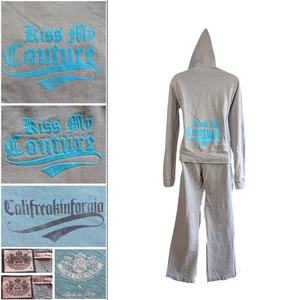 Vintage Y2K Juicy Couture 3-teiliges French Terry Greige Kiss My Couture Trainingsanzug Set P/S - Bild 1 von 10