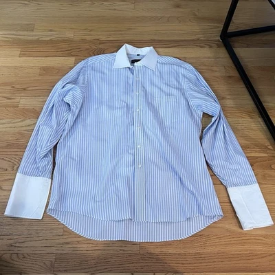 Camisa de vestir Donald J. Trump Signature Collect azul a rayas 17 34/35 puño francés Foto 1 de 4