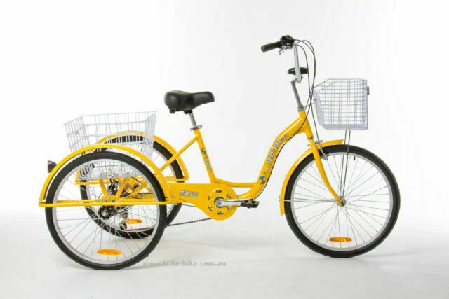 Trike Bike Adult Tricycle 24 Aluminium 3 Wheels Safe 6 Gears & Baskets Yellow