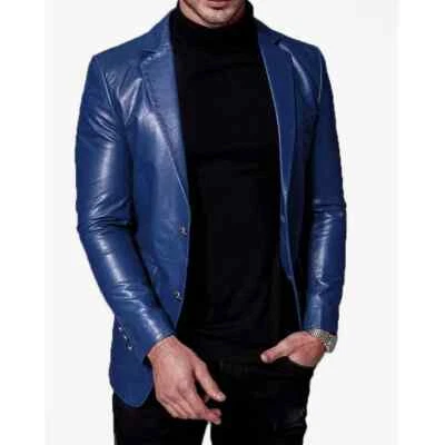 DESIGNER New Men's Blue Leather Blazer 100% Real Lambskin Causal Slim Fit Coat - Image 1 of 4