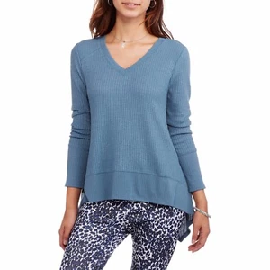 No Boundaries Juniors' V-Neck Long Sleeve Sharkbite Hem Blue Waffle Top Small - Picture 1 of 1