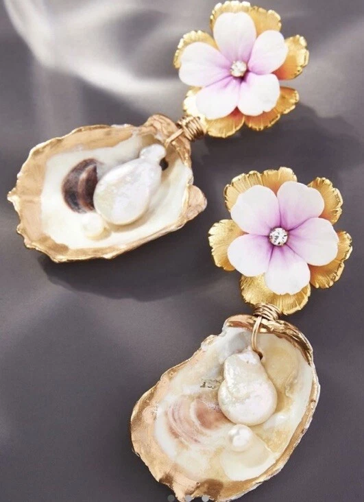 Brincos de gota de flor de recife rosa e contas de ostra novos com etiquetas - Imagem 1 de 4