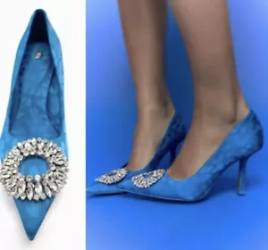 NWT ZARA Heeled Pumps With Ornament in Blue Sz: 38 - Picture 1 of 12