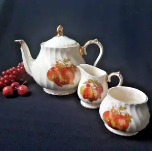 Sadler Tea Set, Tea Pot Cream Sugar Set, Fruit Pattern, Swirled, England, 1950s - Picture 1 of 10