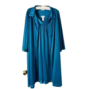 Vanity Fair XL Vintage Teal Blue Lingerie Set Nightgown & Robe Silky Nylon 80’s - Picture 1 of 12