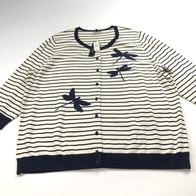 Talbots NWOT Plus 3X Cardigan Button Striped Dragonfly Sweater Blue - Image 1 of 4