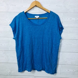 J Jill Womens Love Linen Cap Sleeve Tee Shirt Scoop Neck Solid Blue Large Petite - Picture 1 of 5