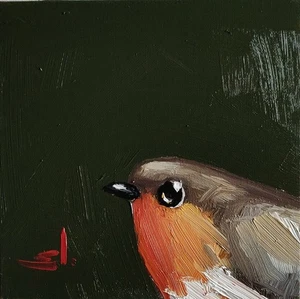 ROBIN OIL PAINTING VIVEK MANDALIA IMPRESSIONISM 8X8 COLLECTIBLE ORIGINAL SIGNED - Picture 1 of 5
