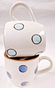 Pair of Aqua Collection 16oz Ceramic Mugs V4C3 Blue Dots Portugal - Picture 1 of 11