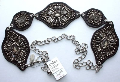 Cinturón Cadena Chico’s Cuero Cuentas Negro Ajustable Nuevo Con Etiquetas 79984 S/M Selma Plateado Foto 1 de 4