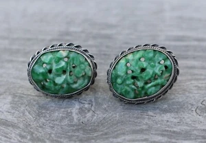 Vintage Carved Green Jadeite Jade Floral Sterling Silver Screw Back Earrings - Picture 1 of 12