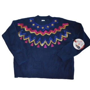 Member's Mark Girl's Favorite Sweater Size 7/8 Navy Blue With Colorful Sequin Ac - Picture 1 of 4
