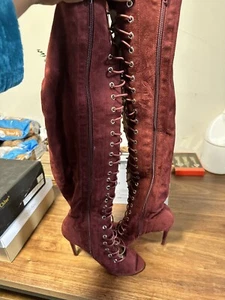 C&C Red Wine Vegan Suede Open Toe Lace Up Above Knee High Heel Boot - Picture 1 of 6