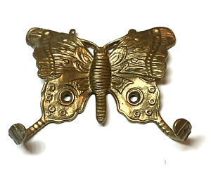 Vintage Brass Double Hook Coat Towel Hanger Butterfly Wings Decorative Wall