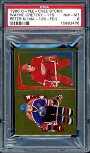 1986 OPC O PEE CHEE #115 Wayne Gretzky Peter Klima RC Stickers Foil PSA 8 NM-MT - Picture 1 of 2