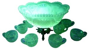 Fenton Satin Topaz Opal Punch Bowl w/ 8 Cups & Stand - Glows - Picture 1 of 10