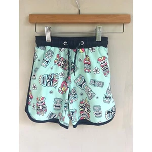 Tommy Bahama Boy Swim Trunks Size 5/6 Tiki Print Tribal Masks Swim Shorts Mint - Picture 1 of 7