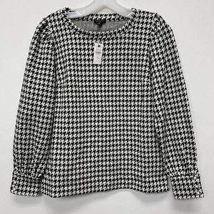 Talbots blusa pied de poule donna SP nero bianco accademia polsino con bottoni perlati - Foto 1 di 11