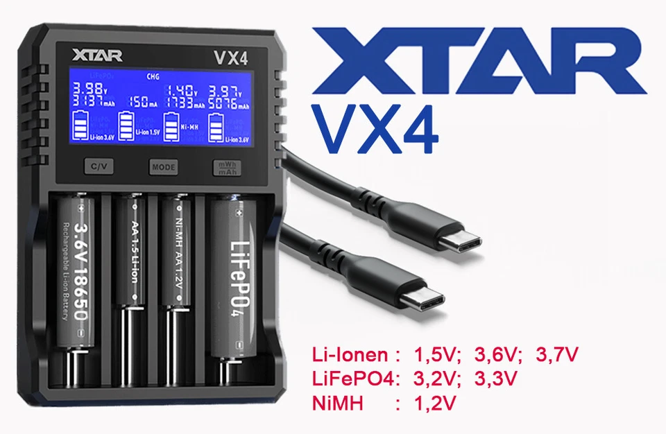 Xtar VX4–Analyse Ladegerä für 1,5V; 3,6-3,7V Li-Ion; 3,2V LiFePO4 & 1,2V Ni-MH - Bild 1 von 1