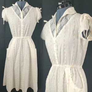 Vtg Creamy White Dress w Pastel Eyelet /Lace Inset /Tie Up Sleeves Size S? - Picture 1 of 24