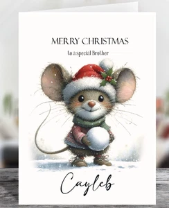 Personalised Scruffy Mouse with Snowball Glossy Novelty Christmas Greetings Card - Picture 1 of 3
