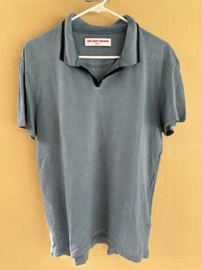 Orlebar Brown Lake Blue Honeycomb Piped 100% Linen Felix Split Neck Polo Shirt M - Picture 1 of 5