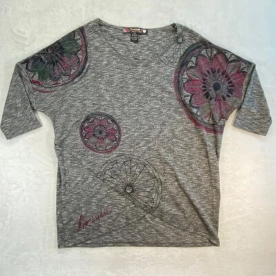 Desigual Graphic T-Shirt Floral Print 3/4 Sleeve Top Heather Gray L - Image 1 of 4