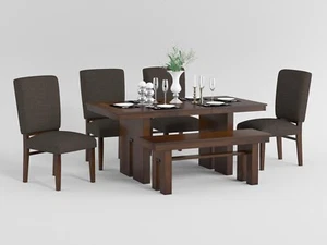 RUSTIC WALNUT VENEER DINING TABLE BROWN CHAIRS BENCH DINING ROOM FURNITURE SET - Picture 1 of 10