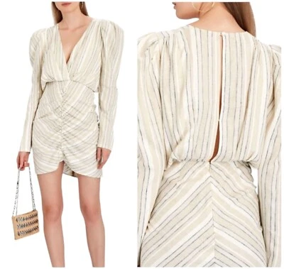 Vestido Ronny Kobo Feminino Grande Marfim Bronzeado Listrado Mistura de Linho Manga Folhada Joslyn - Imagem 1 de 4