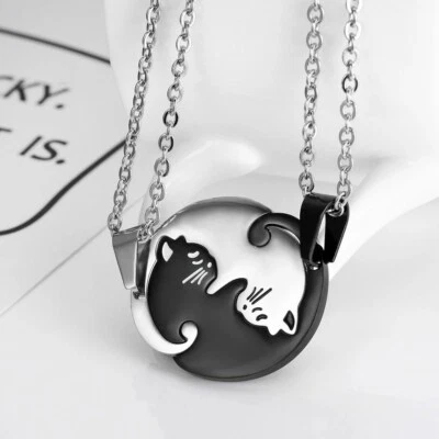2 Piece Black & Silver Cat Matching Necklace Couple Cute Pendant Love BFF, Gift - Image 1 of 4