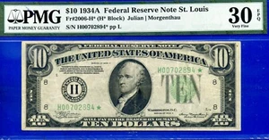 1934A 10 $ Federal Reserve Note PMG 30EPQ rare 9 known St. Louis star Fr 2006-H* - Bild 1 von 3