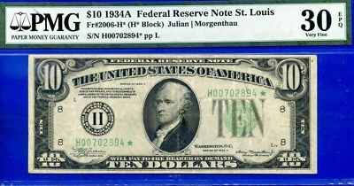 1934A $10 Federal Reserve Note PMG 30EPQ rare 9 known St. Louis star Fr 2006-H* - Image 1 of 3