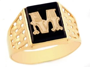 10k or 14k Yellow Gold Bold Black Onyx Mens Basket Weave Initial Letter M Ring - Picture 1 of 5